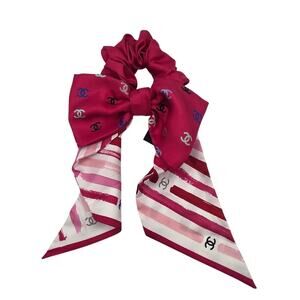 Chanel Pink White Interlocking CC 2024 Silk Bow Scrunchie